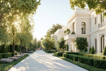 uxurious estate within a private gated community, featuring a grand entrance, lush landscaping, and an elegant stone facade under bright midday sunlight.