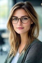 Self-confident female business woman, looking at the camera, posing in a modern Office space. Professional Portrait for Recruiting, Manager and Management, Lawyer or Consultant concepts