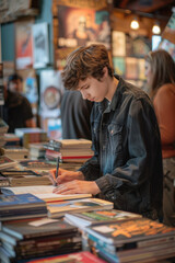 Fototapeta premium Young Author Engages Fans at Book Signing Event Amidst Literary Ambiance