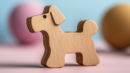 Wooden dog toy with pastel background, playful and colorful scene