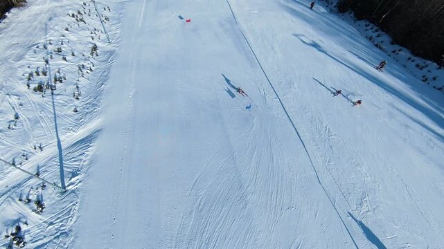 FPV drone footage of an alpine ski and snowboard competition, capturing thrilling downhill action, snowy slopes, and a stunning mountain backdrop, perfect for sports, adventure, and winter projects.