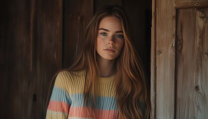 Fototapeta premium Woman With Flowing Hair Stands By A Wooden Door In A Pastel-Striped Sweater, Her Contemplative Expression Highlighted By Natural Light.