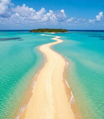 tropical landscape featuring a winding sandbar stretching across crystal-clear turquoise waters.There is one island in background, covered with dense palm trees.