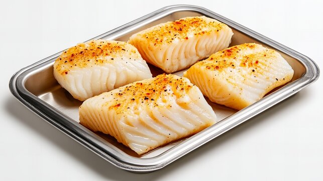 Four seasoned cod fillets sit on a metal baking tray, ready to be served.  A simple yet elegant presentation.