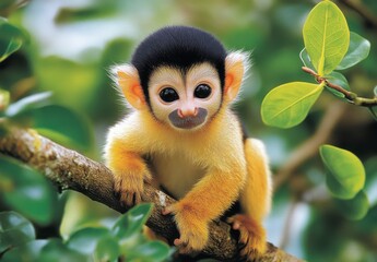 Fototapeta premium Closeup Of Cute Squirrel Monkey On Branch In Lush Green Forest