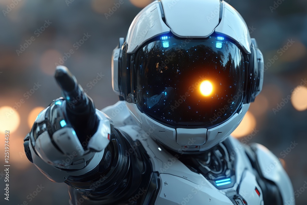 Poster a futuristic robot with a glowing eye and pointing gesture.