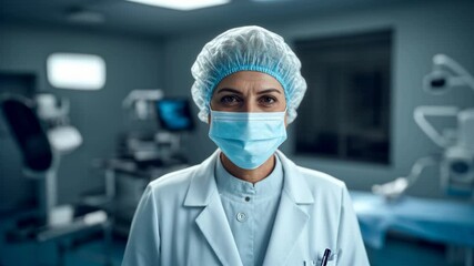 Mature female surgeon wearing a surgical mask posing at work at a surgery room looking at the camera