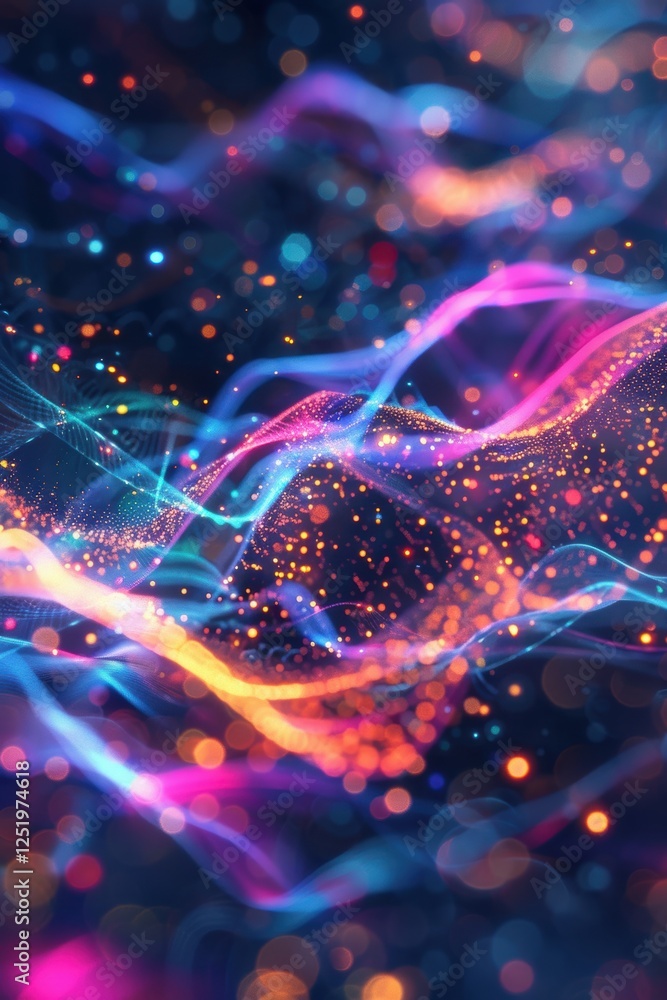 Poster abstract brainwaves and holographic data streams in bright neon colors for ai interaction design