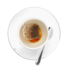 Tea bag in cup with hot drink isolated on white, top view