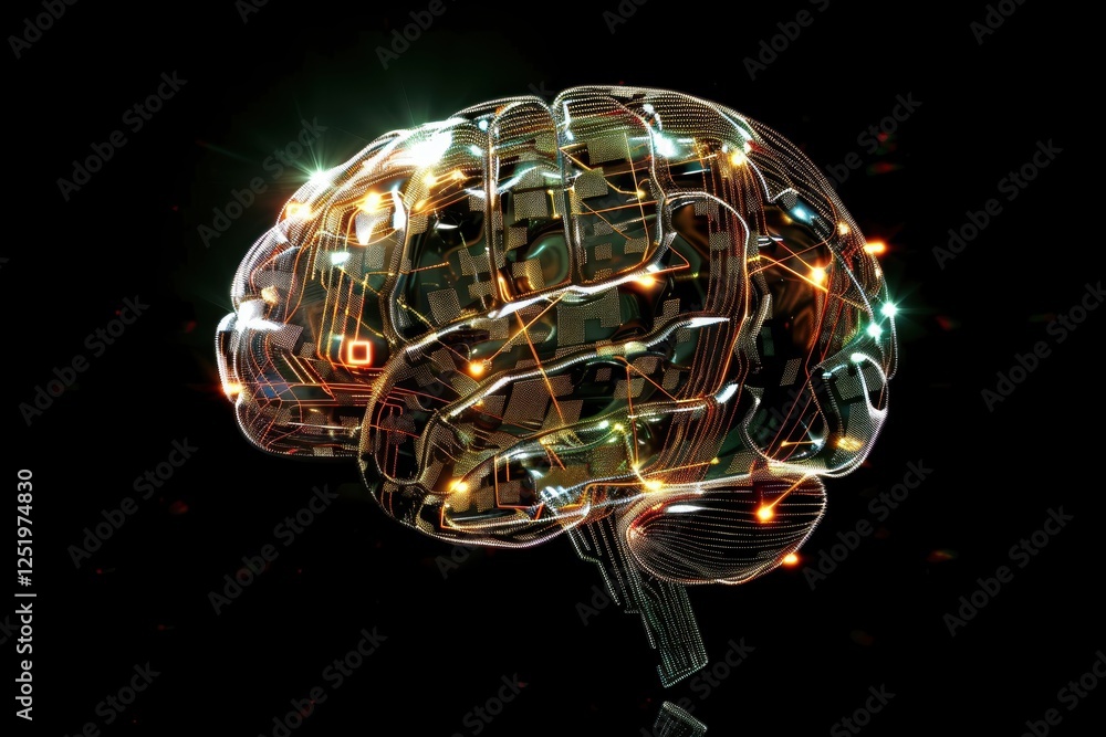 Poster abstract brain with light particles illustrating ai and human intelligence connection for technology