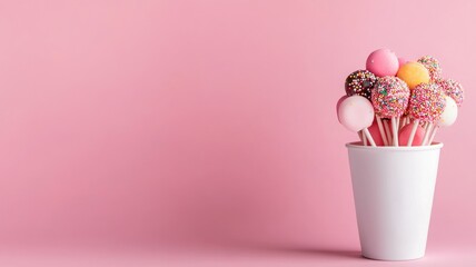 Colorful cake pops in white cup with pink background