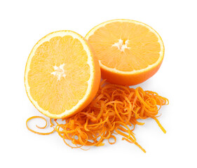 Pile of fresh orange zest and cut fruit isolated on white