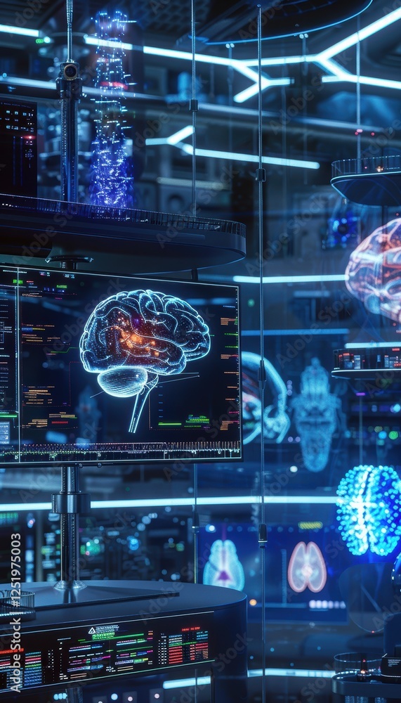 Poster advanced medical lab with brain models and holographic neural data displays for research