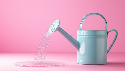 Obraz premium Blue Watering Can On Pink Background Pouring Water In Agriculture. Essential Tool Equipment For Gardening. Beautifully Rendered Illustration Of Gardening Equipment.