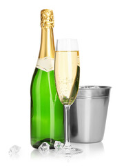 Champagne and bucket with ice isolated on white