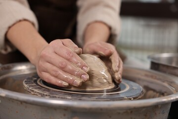 Hobby and craft. Woman making pottery indoors, closeup