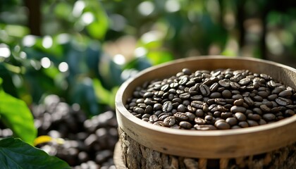 Obraz premium Harmonious And Organic: Morning Coffee Delight At Cafe Focusing On Nature'S Bounty For A Rich And Aromatic Drink