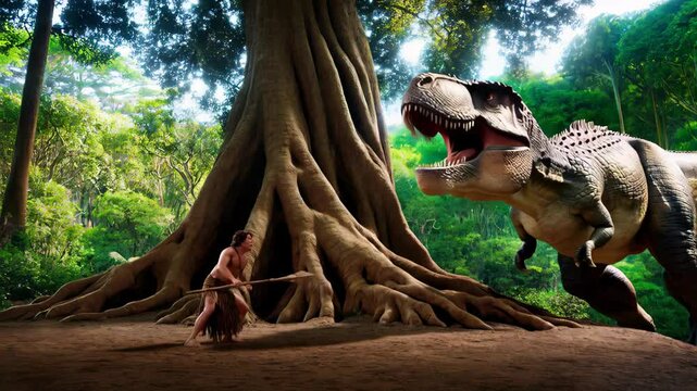 Towering tyrannosaurus rex stalking primitive caveman who trembles in terror, desperately hiding behind massive tree trunk within dense prehistoric jungle landscape