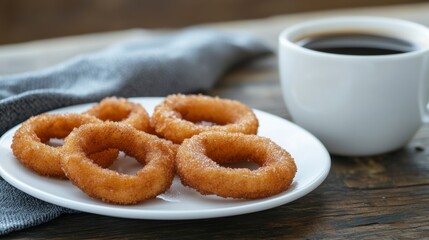 Crispy Fried Rings On White Plate With Coffee Cup