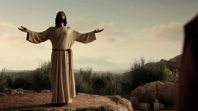 Jesus, a preacher, is standing with open arms in a desert landscape, possibly praying or preaching, while an observer watches from the side Religious concept of Easter