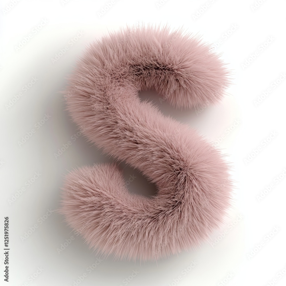 Fototapete Fluffy light pink letter S created with 3D rendering in a virtual environment, set against a pure white background for a cheerful and whimsical appearance
