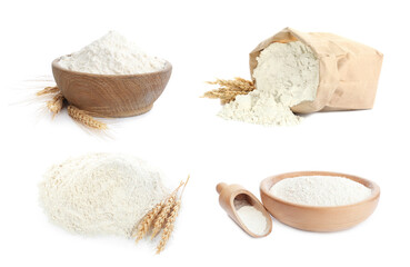 Flour isolated on white, set. Paper bag, bowls and scoop