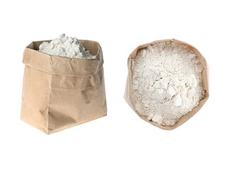 Flour in paper bag isolated on white, set. Top and side views