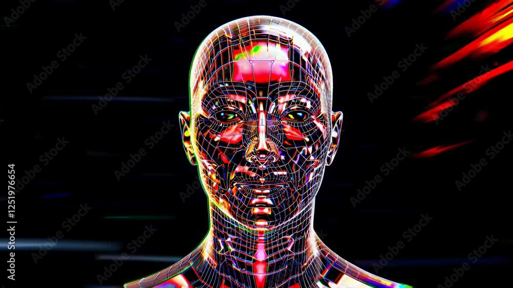 Poster futuristic cybernetic humanoid with a reflective digital grid, symbolizing artificial intelligence, 