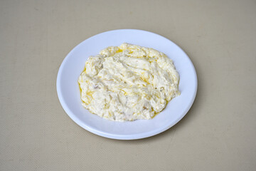 Delicious yogurt scene with Casserole bowl. Closeup shot of healthy fresh yogurt. Karisik kizartma. Top view.