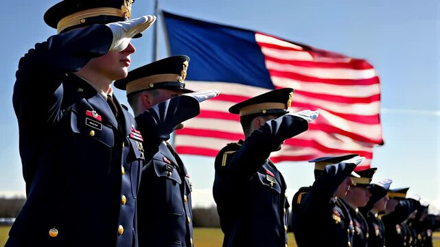 Uniformed american soldiers standing in precise formation, solemnly saluting rippling national flag beneath bright sunlight, representing military pride and national honor