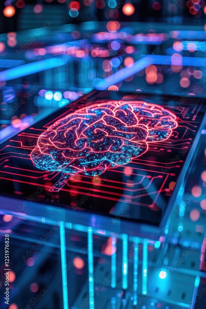Poster futuristic neural implants: glowing circuits show advanced brain connectivity concepts