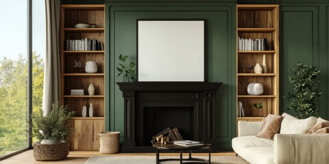 Modern living room with a green accent wall, featuring a cozy sofa, bookshelves, and a blank canvas ready for art. Perfect for interior design, home decor, and lifestyle presentations.