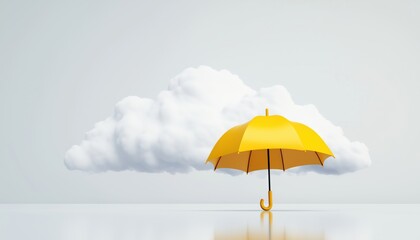 Obraz premium Rain Clouds And A Yellow Umbrella Against A White Background. Perfect For Rainy Season-Themed Cover, Greeting Card, Brochure. Beautifully Rendered Image.