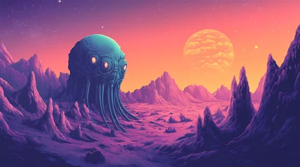 Fototapete Rund Mysterious alien creature in desolate landscape. Sentient Landscapes. Illustration © Thiago
