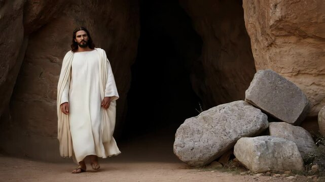 Jesus, wearing a white robe, walks out of a dark tomb or cave, symbolizing resurrection and new life, with rocks nearby that once sealed the entrance Religious concept of Easter