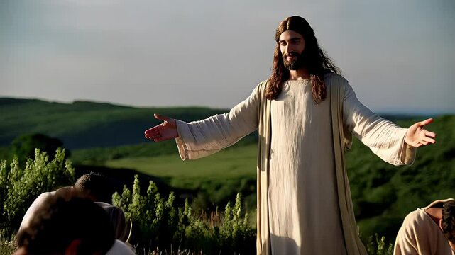 Jesus christ wearing long white robe stands on hilltop with outstretched arms addressing his disciples who are bowed before him showing reverence and devotion in serene landscape Religious concept of 
