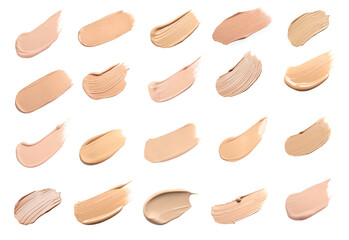 Liquid foundation of different shades. Samples on white background, set