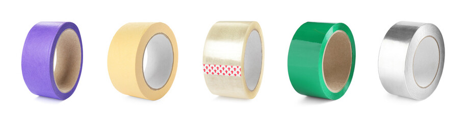 Rolls of different adhesive tapes isolated on white, set