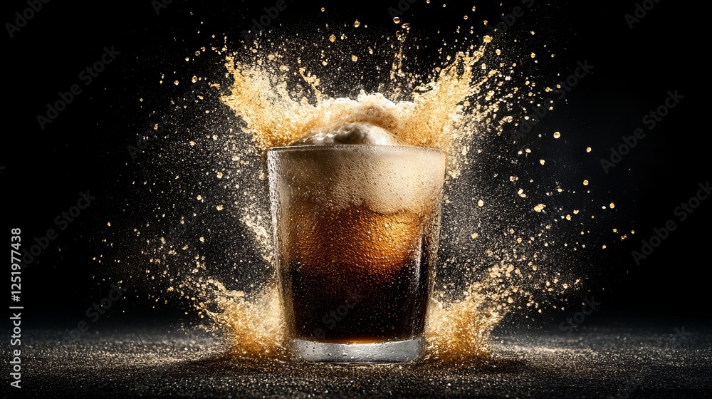 Aufkleber dark soda exploding from a glass, creating a dramatic splash of golden foam against a black backgrou