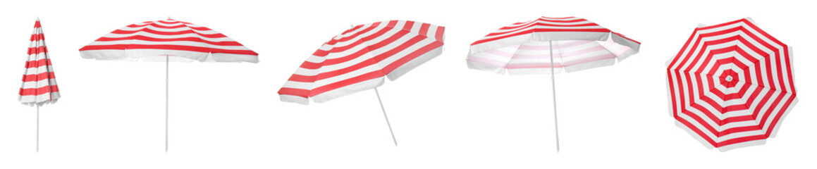 Red striped beach umbrella isolated on white, collage © New Africa