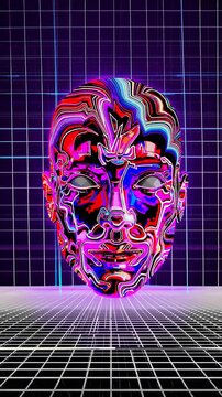 Futuristic neon cyber face with a distorted digital effect, symbolizing artificial intelligence, virtual identity, and cyber aesthetics.