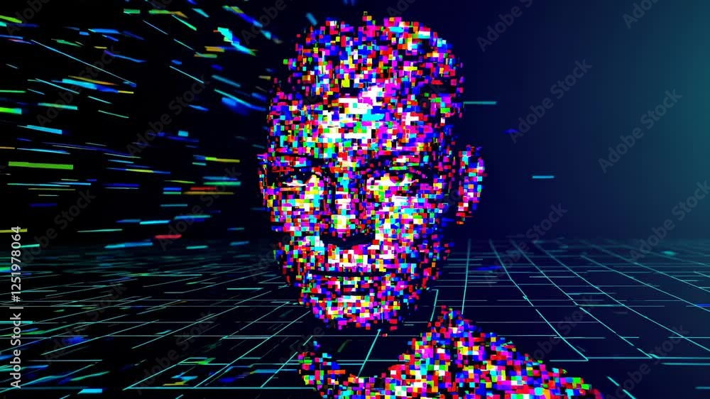 Poster glitching digital human head made of colorful pixels, symbolizing artificial intelligence, virtual i
