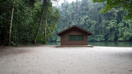 Small cabin on a sandy beach by a river in a jungle.  Possible use Travel brochure, nature documentary, vacation ad