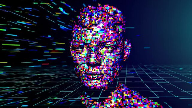 Glitching digital human head made of colorful pixels, symbolizing artificial intelligence, virtual identity, and data fragmentation.