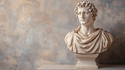 Naklejka premium A classic bust of a historical figure, carved in stone, placed on a simple, neutral background to highlight its timeless appeal. 