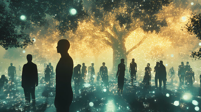 Sentient conclave a dreamlike gathering of digital entities in a glowing virtual landscape. Sentient Landscapes. Illustration