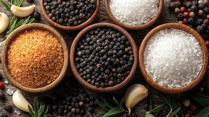 Assorted Spices and Salts in Rustic Bowls Amidst Fresh Garlic and Herbs
