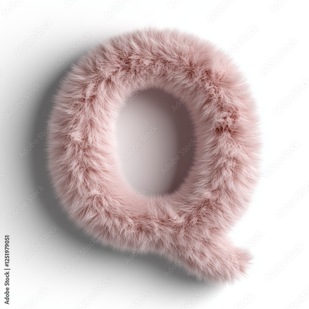Poster fluffy light pink letter q displayed in 3d rendering style on a pure white background, showcasing a 