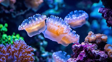 Jellyfish Among Coral Reefs In Aquarium