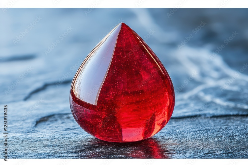 Poster a glossy red teardrop-shaped object on a textured surface.